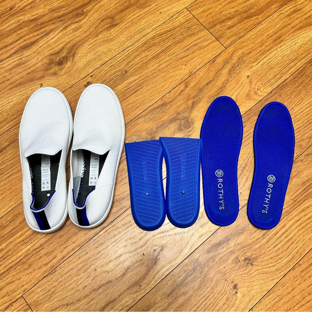 Rothy's White Slip-On Sneakers with Blue Insole and Trim - Picture 6 of 12